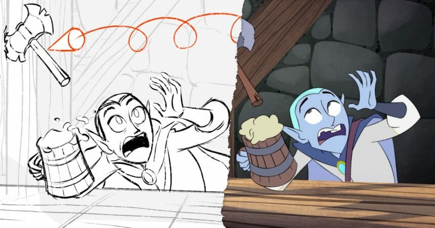Storyboard and final animation of a wizard ducking to avoid a throwing axe.