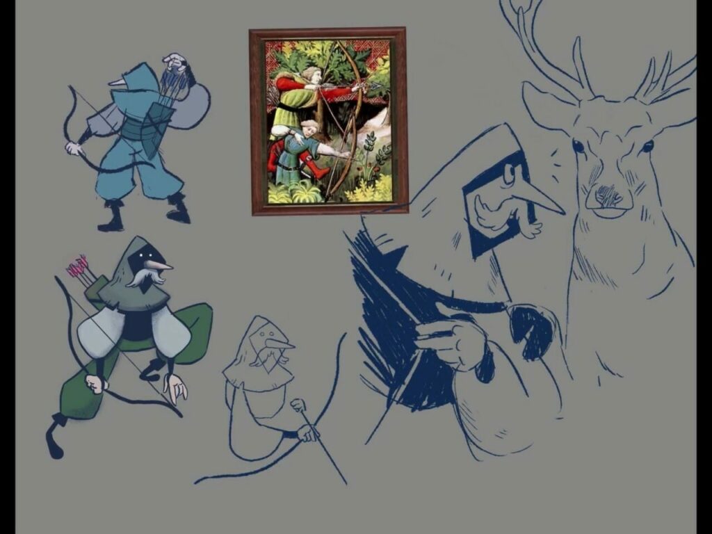 Concept art from HUNT, featuring the archer, deer, and a reference image.