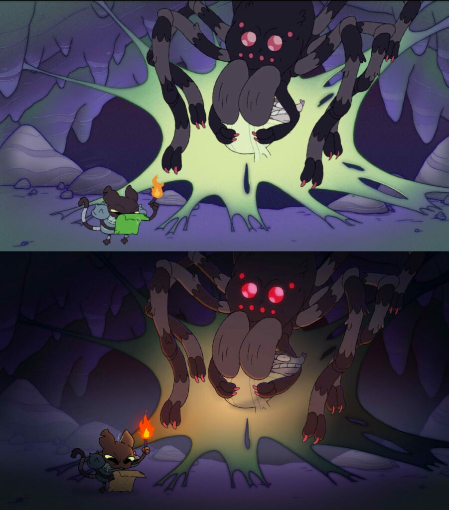 Compositing effects in the Legend of Pipi. Shadows and glows make a spider's layer more menacing.