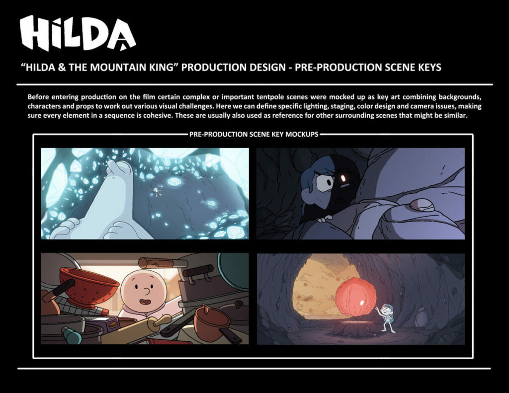 Before entering production on the film, certain complex or important tentpole scenes were mocked up as key art combining backgrounds, characters and props to work out various visual challenges. Here we can define specific lighting, staging, color design and camera issues, making sure every element in a sequence is cohesive. These are usually also used as reference for other surrounding scenes that might be similar.