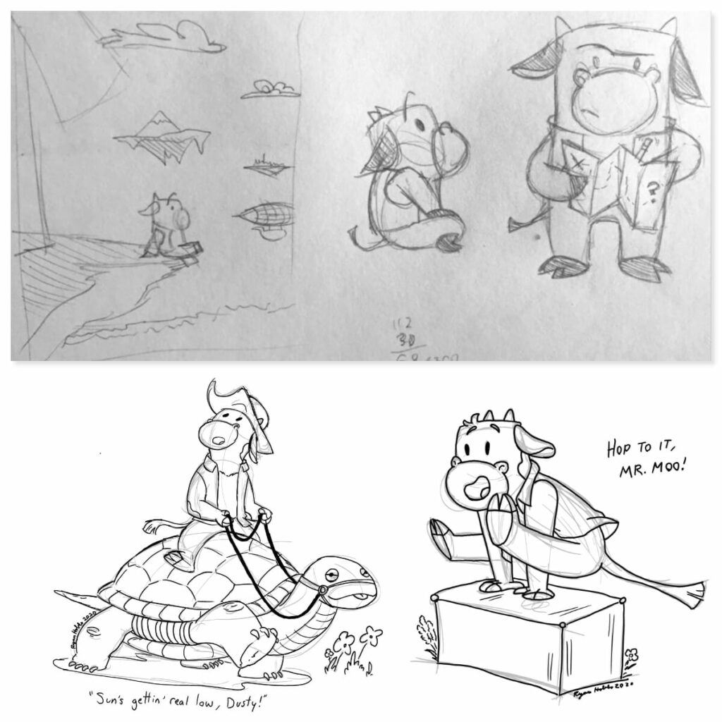 Early character designs that influenced Moo's First Map, featuring a cow-person sitting on a ledge, writing a map, riding a turtle, and hopping over a block.