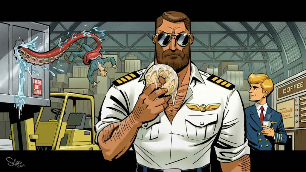 Rick holds a donut while Coop follows behind with a coffee. A squid's arm emerges from a crate to squeeze a Javelin employee.