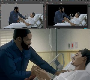 OpenGL view in Harmony Advanced, Render view in Harmony Advanced, and the final render from Born This Way.