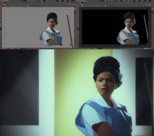OpenGL view in Harmony Advanced, Render view in Harmony Advanced, and the final render from Born This Way.